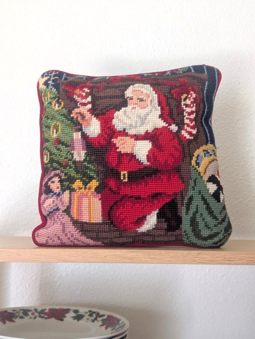 Vintage Wool Needlepoint Santa Christmas Pillow 10x10 Velvet Back Holiday Decor